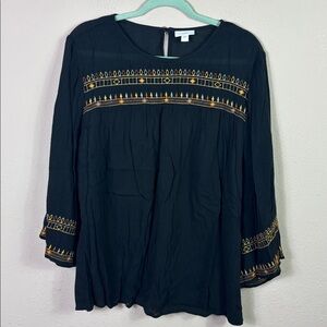 J. Jill Embroidered Tunic Top Shirt Bell Sleeve Black Keyhole Back Size Large